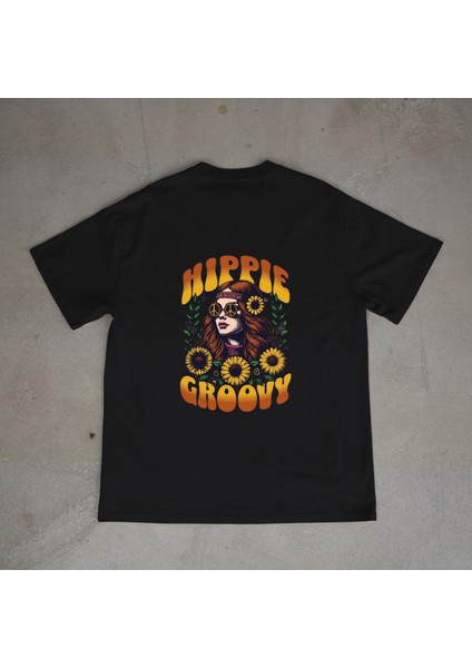 Hippie Tasarım Baskılı Siyah Oversize T-Shirt