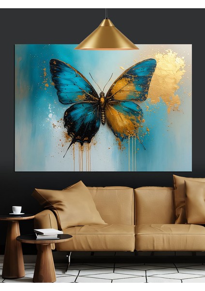 Mavi Sarı Kelebek Dekoratif Kanvas - Mdf Ahşap Tablo
