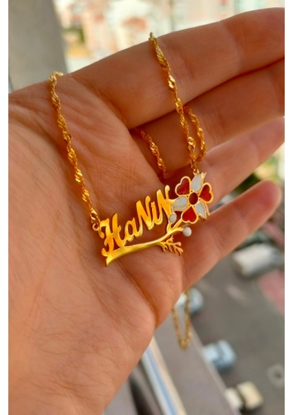 925 Ayar Gümüş 24 Ayar Altın Kaplama Kalp ve Lale Figürlü Kolye