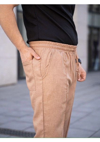 Erkek Keten Cepli Çıma Dikişli Jogger Buggy Pantalon Rahat Kalıp - Kahverengi fırsatları