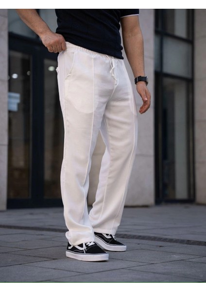 Erkek Keten Cepli Çıma Dikişli Jogger Buggy Pantalon Rahat Kalıp - Beyaz