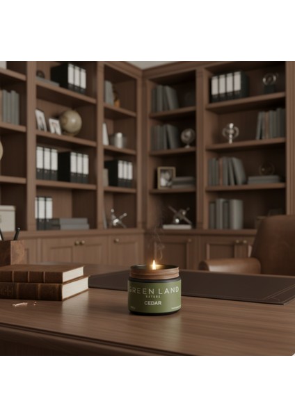 Green Land – Özel Tasarım Sedir Ağacı Kokulu Mum (250GR) Doğal Vegan Soya Wax | Ahşap Fitil | Özel Cam Kavanoz fırsatları
