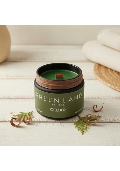 Green Land – Özel Tasarım Sedir Ağacı Kokulu Mum (250GR) Doğal Vegan Soya Wax | Ahşap Fitil | Özel Cam Kavanoz indirimleri