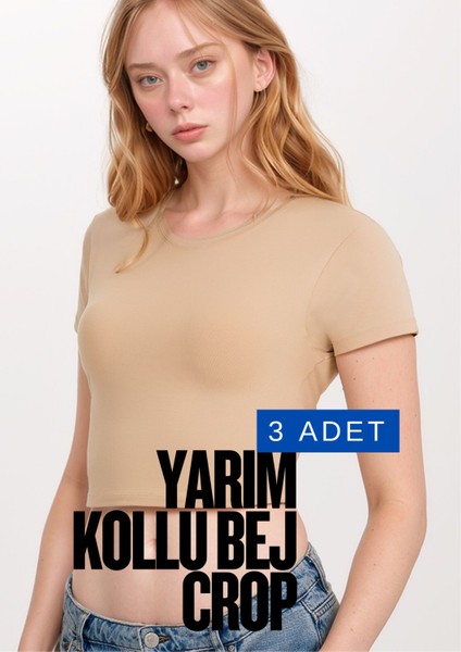 Kadın Giyim Pamuklu - Elastan Yarım Kol Bisiklet Yaka 3 Adet Bej Crop LL.011.ILK.110