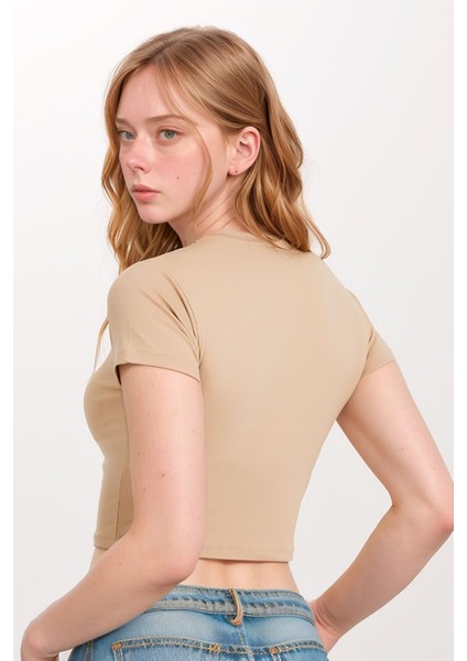 Kadın Giyim Pamuklu - Elastan Yarım Kol Bisiklet Yaka 3 Adet Bej Crop LL.011.ILK.110 fiyatları