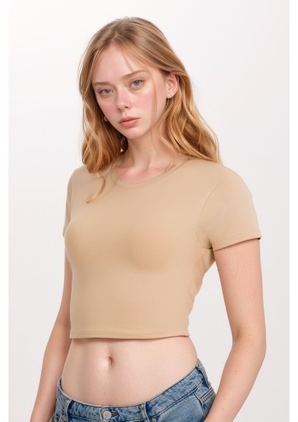 Kadın Giyim Pamuklu - Elastan Yarım Kol Bisiklet Yaka 3 Adet Bej Crop LL.011.ILK.110 modelleri