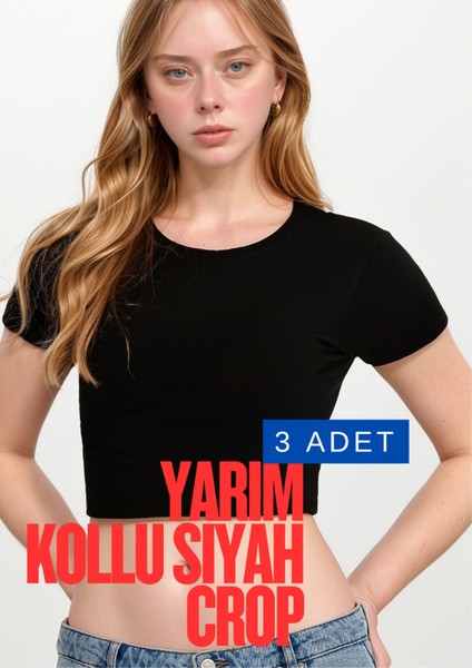 Kadın Giyim Pamuklu - Elastan Yarım Kol Bisiklet Yaka 3 Adet Siyah Crop LL.011.ILK.110