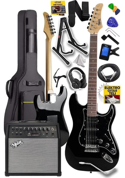 RPH-40BK-50AMP Full Black 50W Şarjlı Bt Amfili Elektro Gitar Seti Hsh Manyetik Maple Klavye