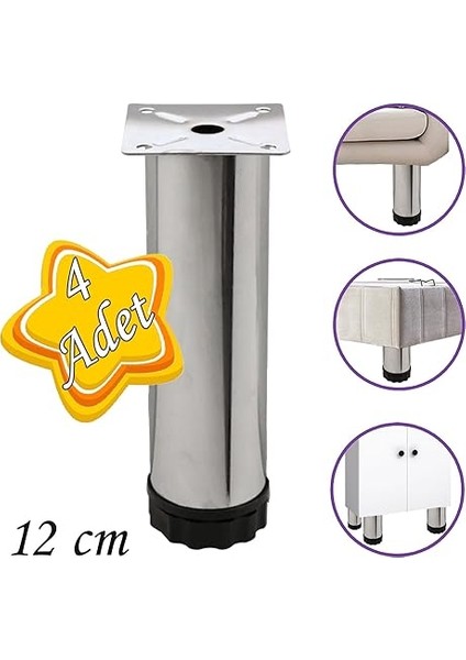 4 Adet Metal Ayarlanabilir 12 cm Krom Destek Ayağı Mobilya Kanepe Baza Koltuk Dolap Sehpa Tv Ünitesi Yükseltici Ayak fiyatları
