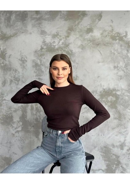 Kadın Bordo Likralı Uzun Kollu Basic Body – Fit Kalıp, Esnek ve Yumuşak Dokulu