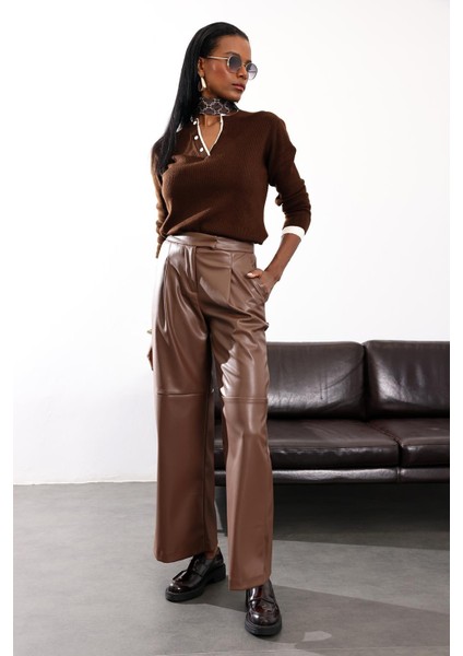 Taba Parçalı Deri Pantolon 17215