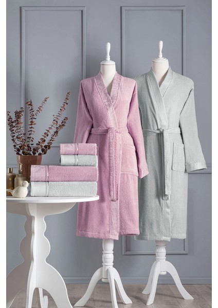 Siddy Aile Bornoz Seti 6 Parça Pembe - Gri