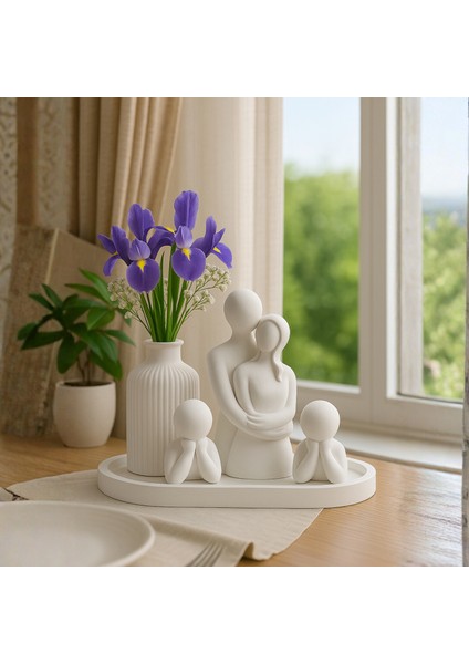El Yapımı Aile Figürlü Dekoratif Set – Vazo, Sevgili ve Çocuk Figürleri (5 Parça)