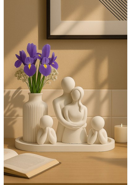 El Yapımı Aile Figürlü Dekoratif Set – Vazo, Sevgili ve Çocuk Figürleri (5 Parça)