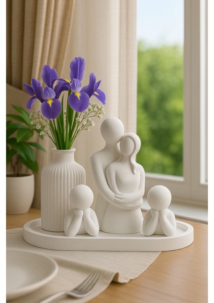El Yapımı Aile Figürlü Dekoratif Set – Vazo, Sevgili ve Çocuk Figürleri (5 Parça)