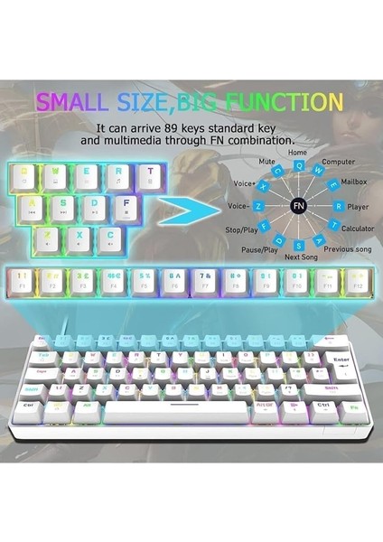 Trol Red Switch Mini Rgb Oyun Klavyesi Gaming Mekanik 62 Tuşlu 18 Rgb LED USB Tip-C Kablosu Beyaz modelleri