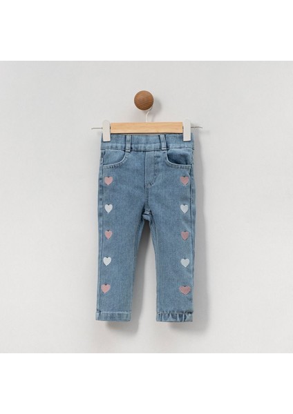 OV-7426 Kız Çocuk Pastel Tonlu Minik Kalp Nakışlı Mavi Denim Pantalon
