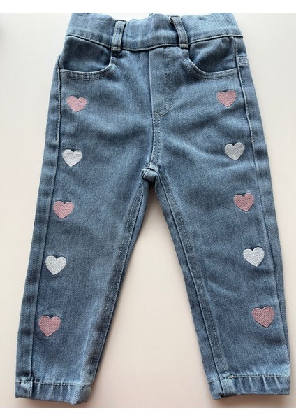 OV-7426 Kız Çocuk Pastel Tonlu Minik Kalp Nakışlı Mavi Denim Pantalon modelleri