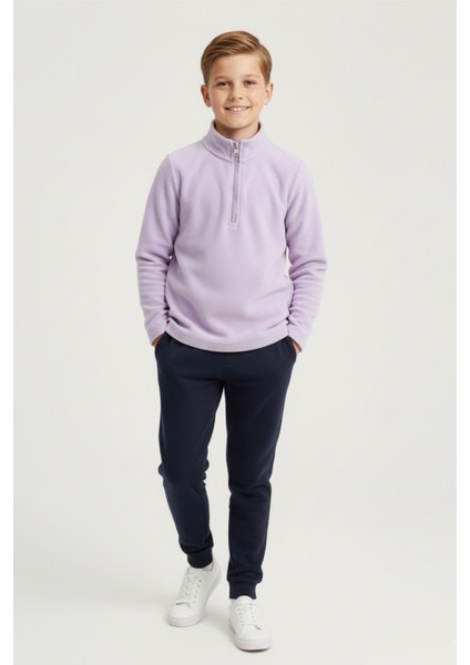 Erkek Çocuk Uzun Kollu Mor Dik Yaka Yarım Fermuarlı Polar Üst-Sweatshirt - Erkek Çocuk Polar