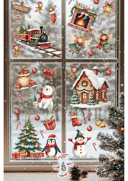 Christmas Yılbaşı Cam Sticker Seti 60+ Parça – Çift Taraflı Baskı, Suya Dayanıklı, Kar Tanesi & Noel Dekoru