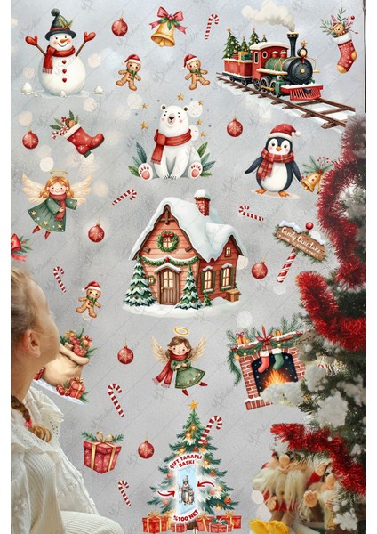Christmas Yılbaşı Cam Sticker Seti 60+ Parça – Çift Taraflı Baskı, Suya Dayanıklı, Kar Tanesi & Noel Dekoru modelleri