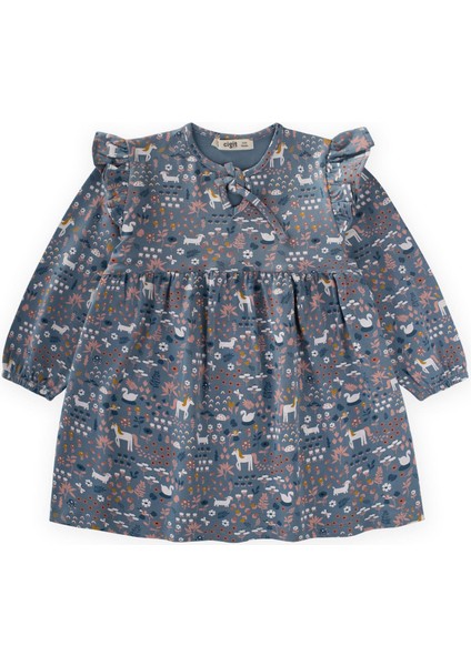 Desenli Mevsimlik Elbise 1-7 Yaş Indigo Mavi