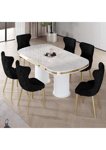 Galya Serisi Lak Panel 90X168 Sabit Beyaz Mermer Desen Mutfak Masa Takımı 6 Sandalye