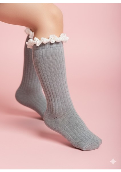 Kız Çocuk Diz Altı Çorap Pamuklu Fitilli Dantelli Kokulu Nefes Alabilir Terletmez Tekli Gri