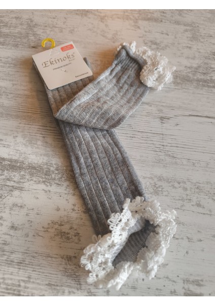 Kız Çocuk Diz Altı Çorap Pamuklu Fitilli Dantelli Kokulu Nefes Alabilir Terletmez Tekli Gri fırsatları