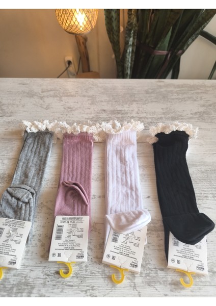 Kız Çocuk Diz Altı Çorap Pamuklu Fitilli Dantelli Kokulu Nefes Alabilir Terletmez Tekli Gri