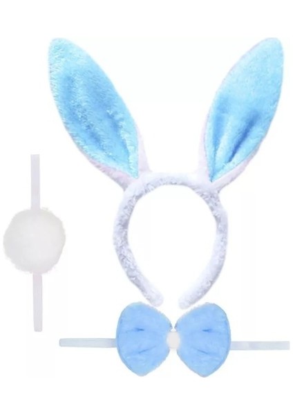 Tavşan Kostüm Seti Mavi Renk - Taç, Papyon, Ponpon, Kuyruk