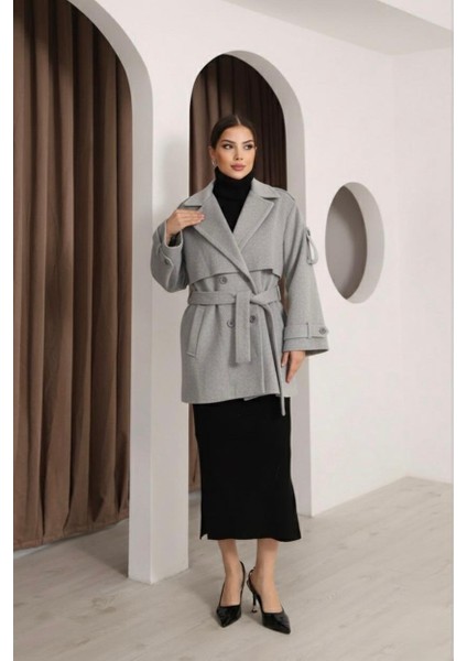 Oversize Gri Kısa Kaşe Kaban