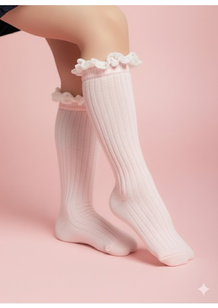 Kız Çocuk Diz Altı Çorap Pamuklu Fitilli Dantelli Kokulu Nefes Alabilir Terletmez Tekli Pembe