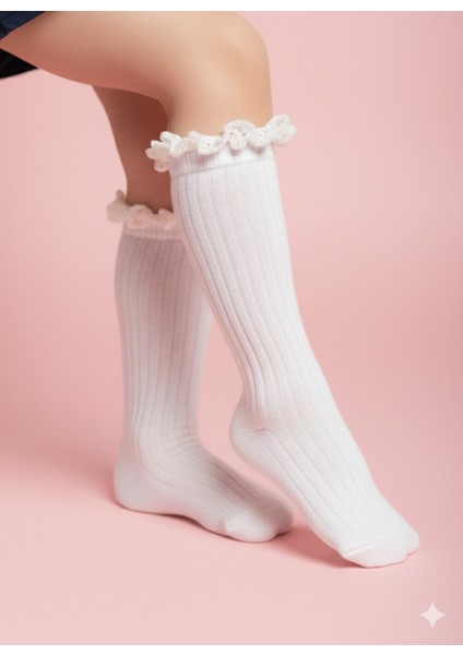 Kız Çocuk Diz Altı Çorap Pamuklu Fitilli Dantelli Kokulu Nefes Alabilir Terletmez Tekli Beyaz