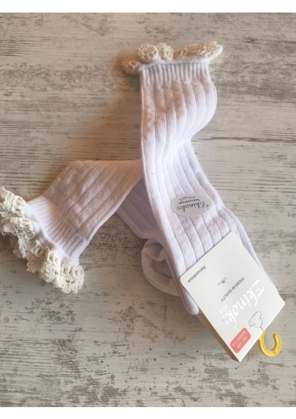 Kız Çocuk Diz Altı Çorap Pamuklu Fitilli Dantelli Kokulu Nefes Alabilir Terletmez Tekli Beyaz fırsatları