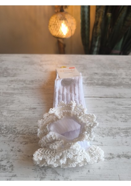 Kız Çocuk Diz Altı Çorap Pamuklu Fitilli Dantelli Kokulu Nefes Alabilir Terletmez Tekli Beyaz