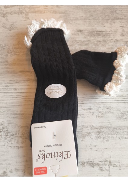 Kız Çocuk Diz Altı Çorap Pamuklu Fitilli Dantelli Kokulu Nefes Alabilir Terletmez Tekli Siyah modelleri