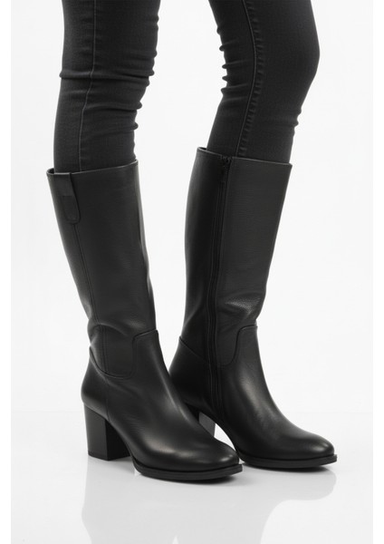 Siyah Hakiki Deri Fermuarlı Polarlı Kadın Topuklu Çizme