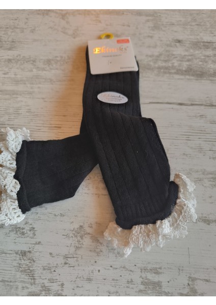 Kız Çocuk Diz Altı Çorap Pamuklu Fitilli Dantelli Kokulu Nefes Alabilir Terletmez Tekli Siyah fırsatları