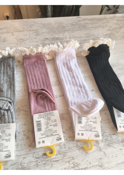 Kız Çocuk Diz Altı Çorap Pamuklu Fitilli Dantelli Kokulu Nefes Alabilir Terletmez Tekli Siyah