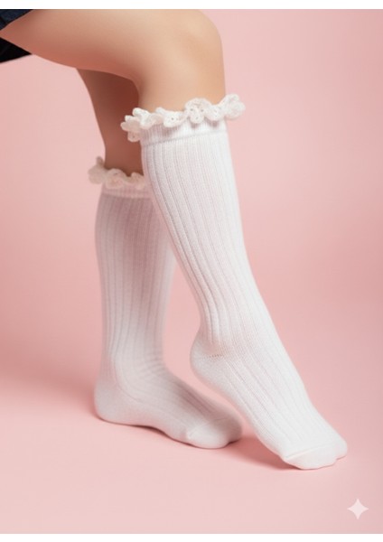 Kız Çocuk Diz Altı Çorap Pamuklu Fitilli Dantelli Kokulu Nefes Alabilir Terletmez Tekli Ekru