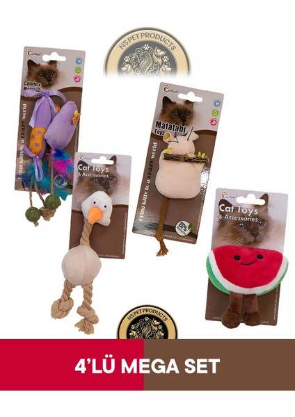 Matatabive Catnipli Peluş Fare ve Şekerli-Catnipli Peluş Tavuk-Matatabili Peluş Fare-Catnipli Hışırtılı Peluş Karpuz Oyuncak 4'lü Set