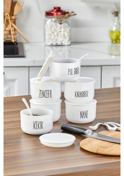 6'lı 400ML Vakumlu Akrilik Kapaklı Akrilik (Plastik) Baharatlık Seti Şeffaf Etiket Kaşık Hediyeli