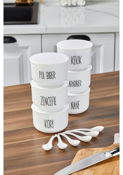 6'lı 400ML Vakumlu Akrilik Kapaklı Akrilik (Plastik) Baharatlık Seti Şeffaf Etiket Kaşık Hediyeli fırsatları