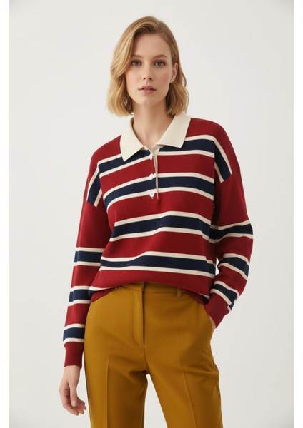 1018 Polo Yaka Çizgili Sweat Bordo