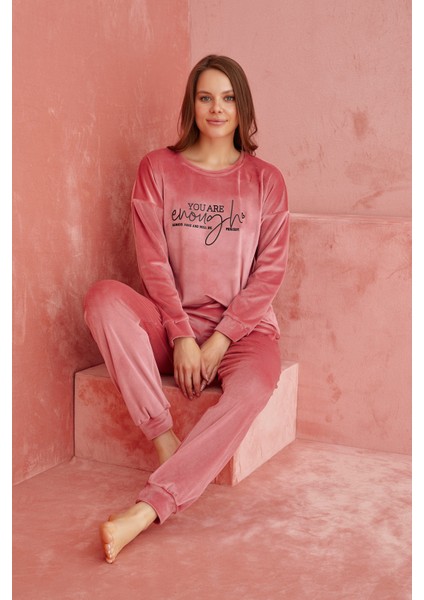 Calia 8701 Uzun Kollu Kadife Battal Beden Kadın Pijama Takımı