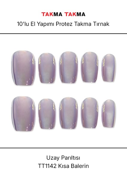 TT1142 - Uzay Parıltısı - 10'lu Tekrar Kullanılabilir El Yapımı Protez Takma Tırnak - Mor-M