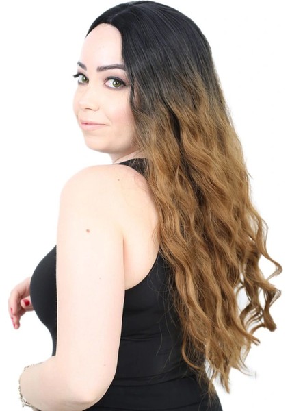 Su Dalgası Uzun Perçemsiz Fiber Sentetik Peruk - Siyah / Karamel Ombreli modelleri