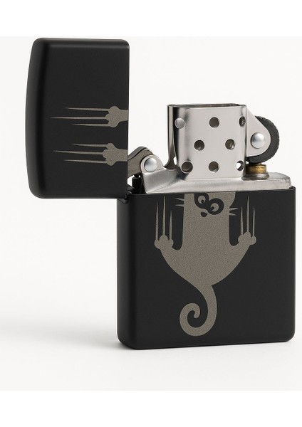 Kedili Siyah Metal Çakmak | Lazer Kazımalı Özel Tasarım | Şık Hediye Seçeneği