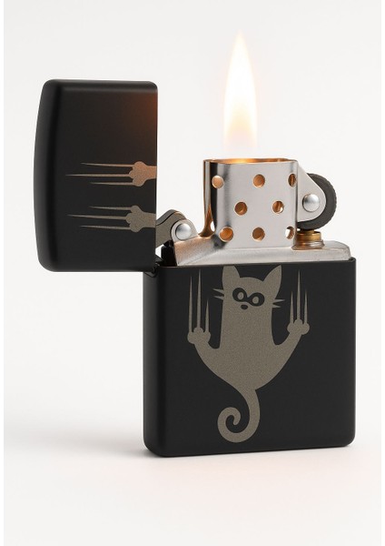 Kedili Siyah Metal Çakmak | Lazer Kazımalı Özel Tasarım | Şık Hediye Seçeneği fırsatları